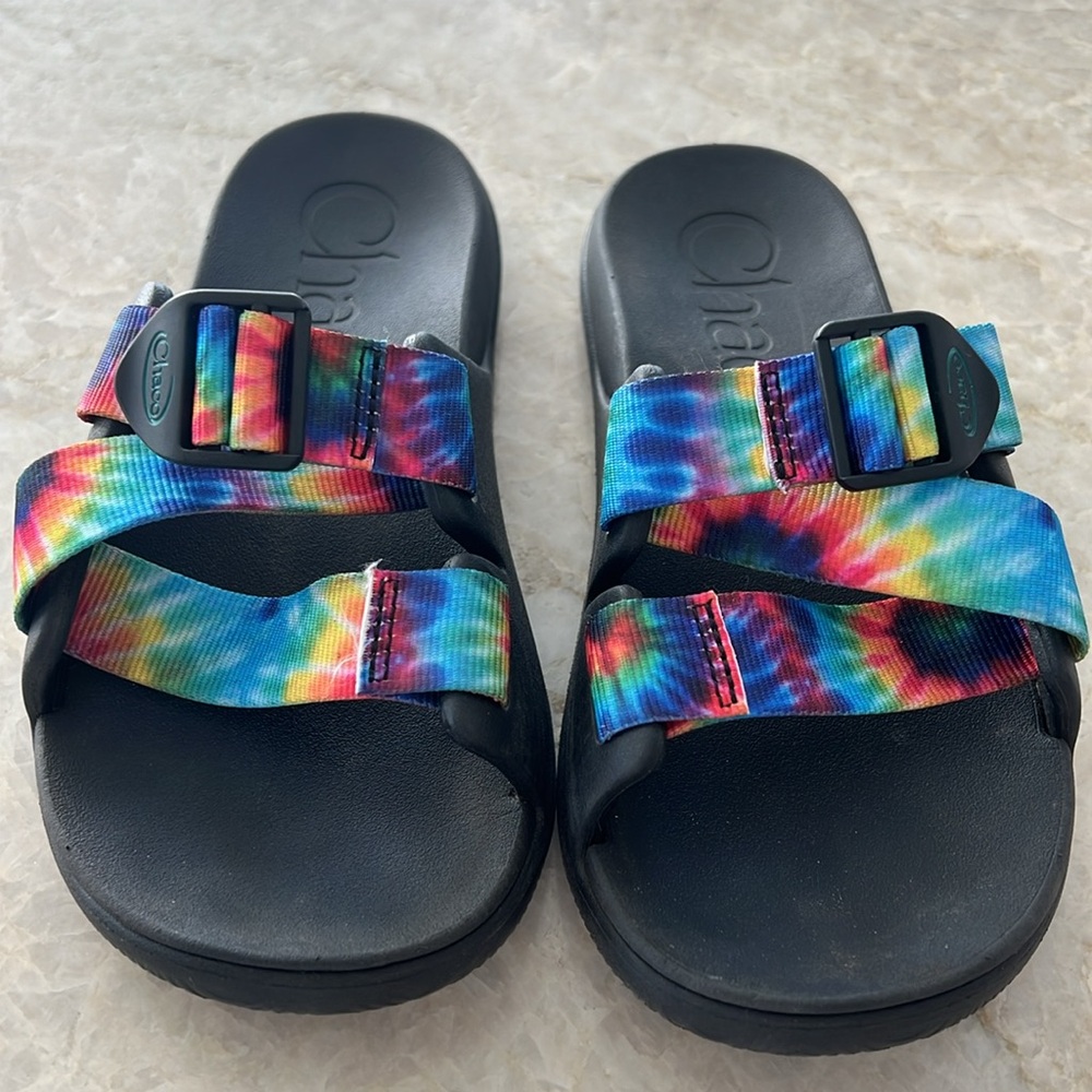 Chaco Rainbow Slides Chillos Slides Tie Dye Strap Sandals Women 6 Retro Festival